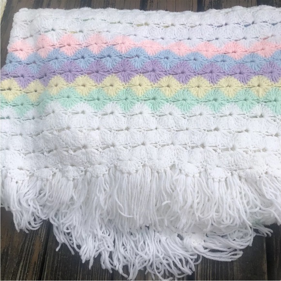 Afghan Throw Blanket Pastel Rainbow Fringe 58” X 74” Purple Pink Diamond Vintage
